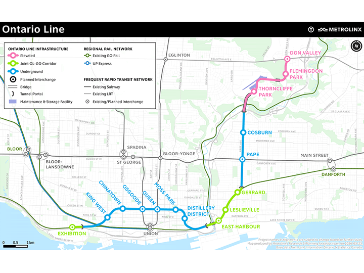 Map of the proposed Ontario Line route and stations in Toronto
